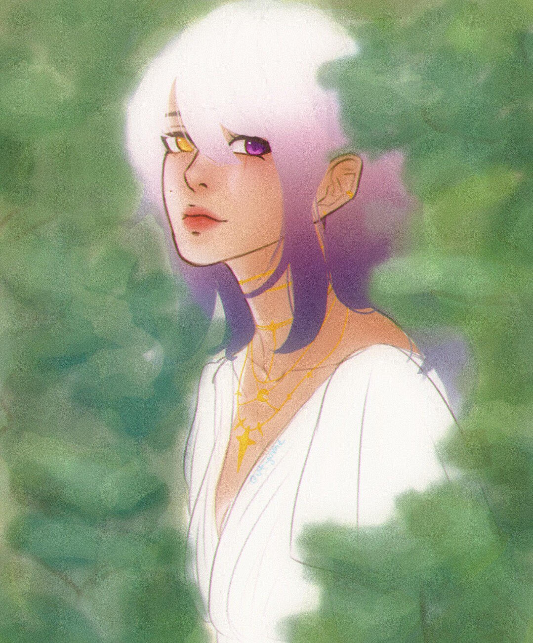 a portrait of yume in behind some leaves